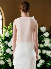 Arave Áo hai dây nữ bằng vải lưới xuyên thấu, vạt bất đối xứng, xếp ly, họa tiết hoa, thanh lịch cho những buổi hẹn hò. - trắng - Xem 6