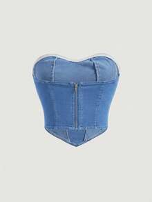 SHEIN MOD 女士Y2K不对称下摆时尚抹胸牛仔衬衫 - 中等水洗藍 - 查看 2