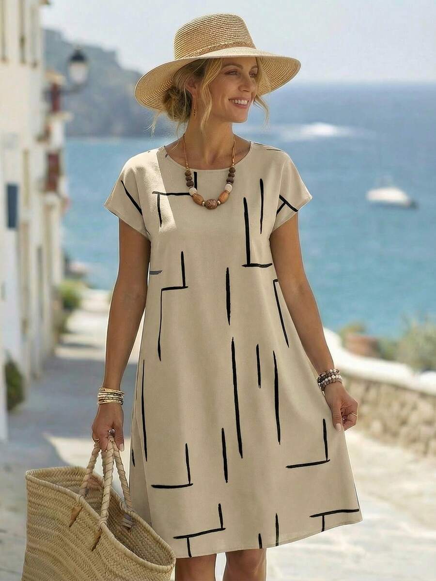 EMERY ROSE 女士夏季休闲全身印花圆领蝙蝠袖连衣裙女士夏季连衣裙，女士衬衫连衣裙 - 卡其色 - 查看 1