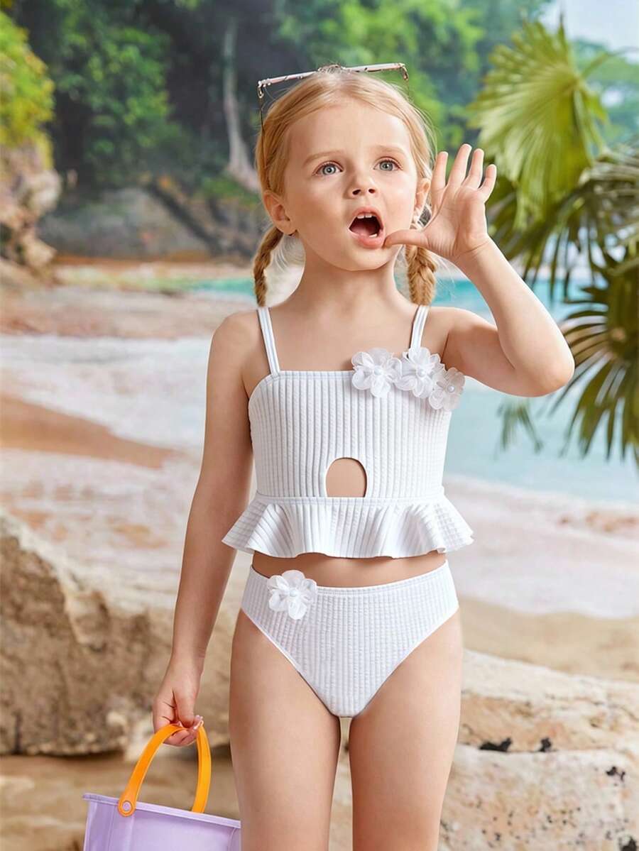 女童纯色花卉图案两件式泳衣 - 白色 - 查看 1