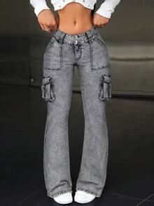 SHEIN ICON 复古纯色斜插口袋休闲百搭工装喇叭牛仔裤 - 灰色 - 查看 3