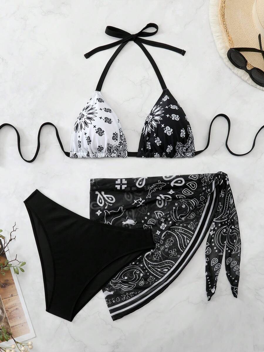 Swim Vcay 大码女式三件套露背吊带印花三角比基尼套装,含网纱短围裙,度假泳装 - 黑與白 - 查看 1
