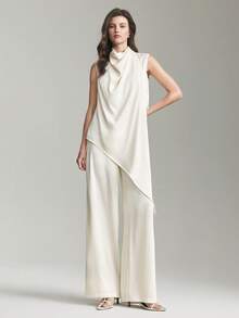 Ontre 2026 New Spring/Summer Women's Woven Satin Fabric High-End Romantic Valentine's Day Wedding Season Loose Asymmetric Hem Sleeveless Top And Wide-Leg Suit Set, Women's Business Casual Independence Day Urban Chic Minimalist Fashion Commuter - Apricot - View 2