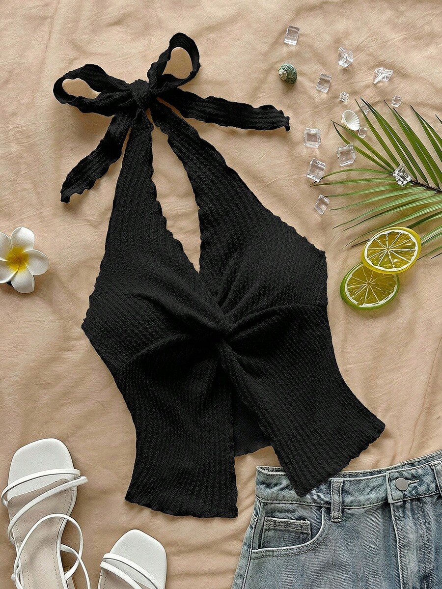Tween Girl Casual Minimalist Comfortable Halter Neck Sleeveless Asymmetrical Hem Tank Top Halter Top Summer - Black - View 1