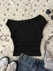 少女白色针织休闲简约波点印花不对称褶皱短款吊带背心，适合春夏穿着，休闲百搭，可打造个性造型，日常穿着 - 黑色 - 查看 2