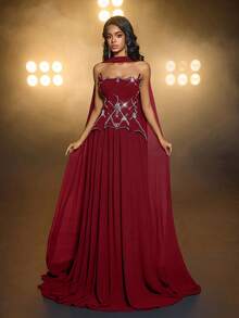 Glamrae 优雅、精致、魅力四射的黑色不对称领口奢华缀饰雪纺长裙（可拆卸挂脖领口），可调节系带，适合约会、度假、单身派对、婚礼、正式场合等各种场合。 - 酒紅色 - 查看 7