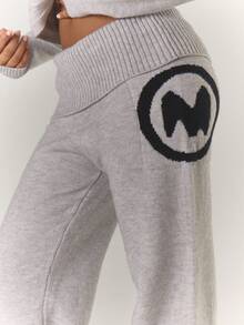 MUSERA Ribbed Fold Over Waist Buckle Detail Fitted Flared Mohair Knit Style Trouser Coord Bottoms Only Winter Coolgirl Cosy Cute Outdoors Explorer Spring - Grey - View 5