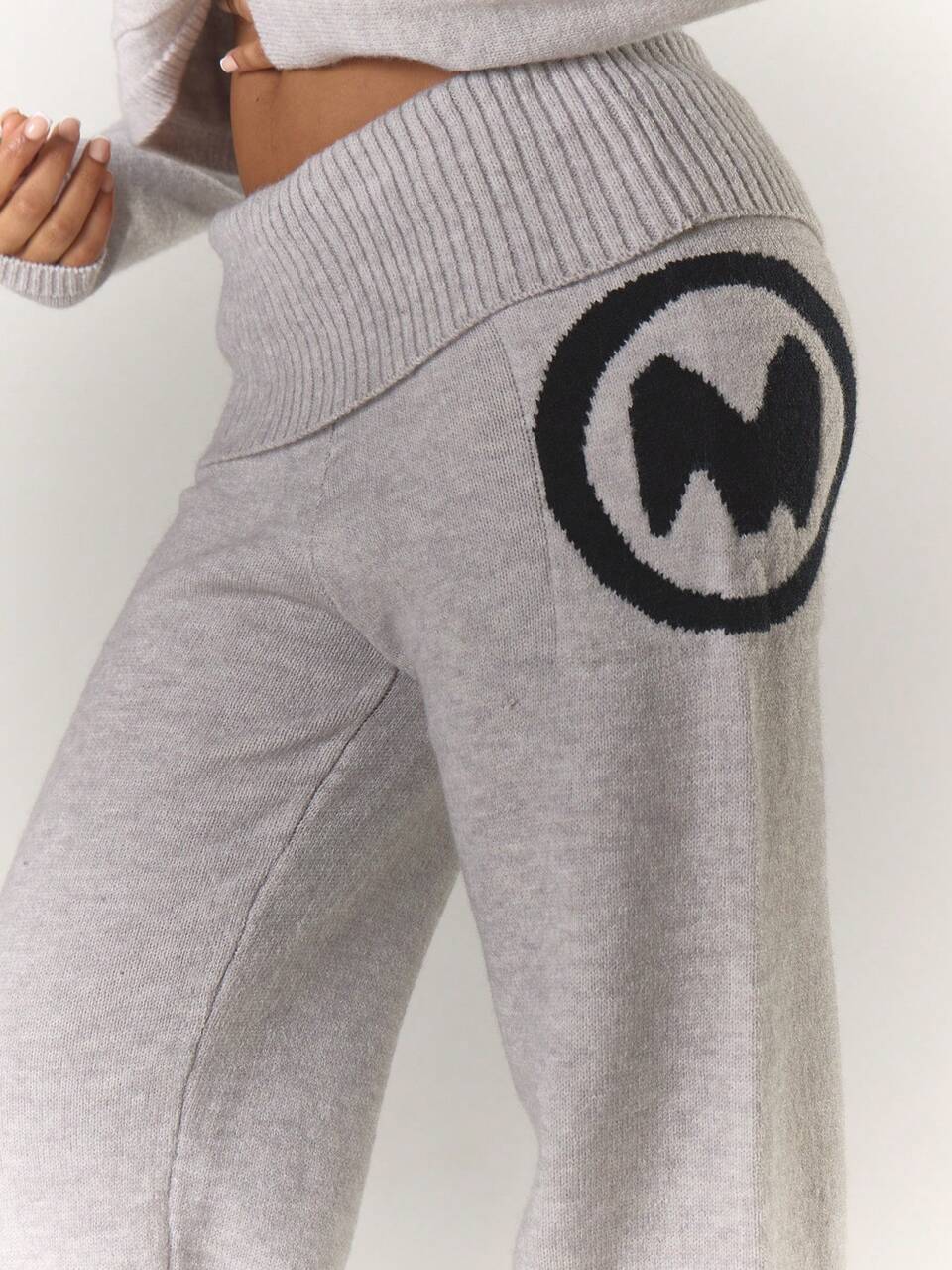 Grey Ribbed Fold Over Waist Buckle Detail Fitted Flared Mohair Knit Style Trouser