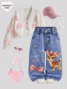SHEIN Baby GirlCute Cartoon Deer Pattern Blue Denim Loose Pants - Medium Wash - View 2