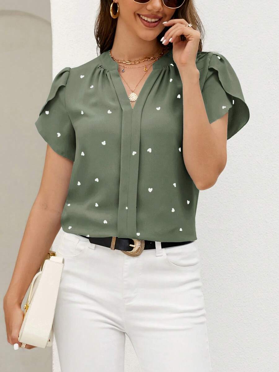 SHEIN Clasi Áo kiểu nữ mùa hè đi biển tay cánh hoa in hình trái tim, thích hợp mặc đi biển. - Màu xanh Ô liu - Xem 1