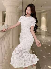 DAZY Đầm dài ngang gối, đầm dài ren hoa 3D kiểu Pháp độc đáo dành cho nữ, đầm maxi, đầm mùa hè. - trắng - Xem 7