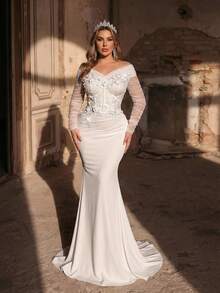 Glamrae 大码优雅浪漫白色露肩长袖薄纱奢华贴花装饰美人鱼裙摆连衣裙，适合婚礼、新娘礼服、情人节等场合。 - 白色 - 查看 9