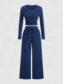 Sweetra Women Navy Blue 2-Piece Set,Fall Winter Casual Lounge Plush Ribbed Fabric,Open Front Design,Waist Ruched Adjustable Drawstring Textured Set - Navy Blue - View 3