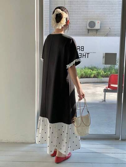 Dazy Plus Plus Size Women Fashion Casual Polka Dot Print Patchwork Dress