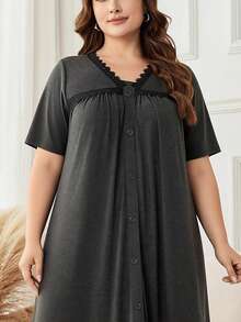 Lacomfia V-Neck Casual Everyday Fashionable Simple Gray Dress For Women Plus Size, With Knit Patchwork Lace Rivet Decor Design, Short Sleeve, Flared Hem - Dark Grey - View 1