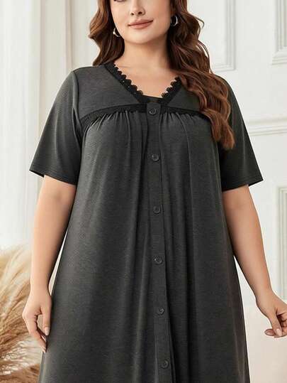 Lacomfia V-Neck Casual Everyday Fashionable Simple Gray Dress For Women Plus Size, With Knit Patchwork Lace Rivet Decor Design, Short Sleeve, Flared Hem
