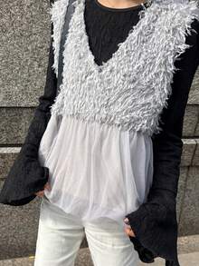 FRIFUL 女士黑色无袖拼接绒面褶皱设计宽松休闲百搭叠穿背心，秋季款 - 灰色 - 查看 5