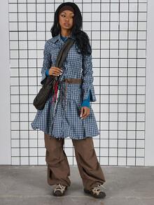 COUREZ Long Sleeve Shirred Check Shirt /Y2K Spring Cute Going Out Shirts Party Top Back To School Date Night Valentines Day - Blue - View 4