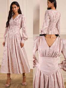 Lilora Robe mi-longue élégante à manches lanternes en jacquard pour femmes, robe Najma, robe à manches lanternes, robe longue à manches, tenue de printemps pour femmes, élégante et - Rose bonbon - Voir 6