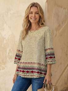 EMERY ROSE 女式圆领几何图案七分袖衬衫，适合秋冬季