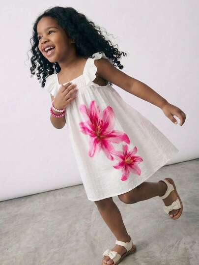 Maija Kids Maija Kids Young Girls Cute Flower Print Ruffle Hem Loose A-Line Casual Vacation Home Outdoor Back To School Dress, Spring/Summer