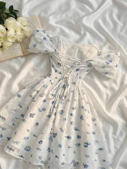 SHEIN MOD Vestido romántico de mujer con hombros descubiertos, textura y recortes en azul y blanco, adecuado para citas, San Valentín, vacaciones