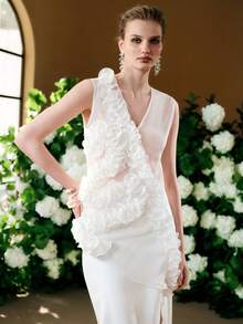 Arave Áo hai dây nữ bằng vải lưới xuyên thấu, vạt bất đối xứng, xếp ly, họa tiết hoa, thanh lịch cho những buổi hẹn hò. - trắng - Xem 4