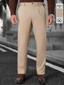 Manfinity Bizformal Men's Casual Everyday Office Commute Striped Print Slant Pocket Pleated Straight Leg Pants - Khaki - View 3
