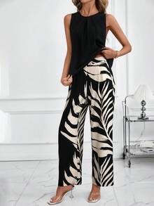 SHEIN Clasi 优雅女士纯色纹理褶皱上衣和花朵阔腿裤套装 - 黑色 - 查看 6