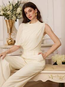 Modelyn Women's Elegant Pleated Drape Slim Fit Design Casual Commuter T-Shirt - Apricot - View 1