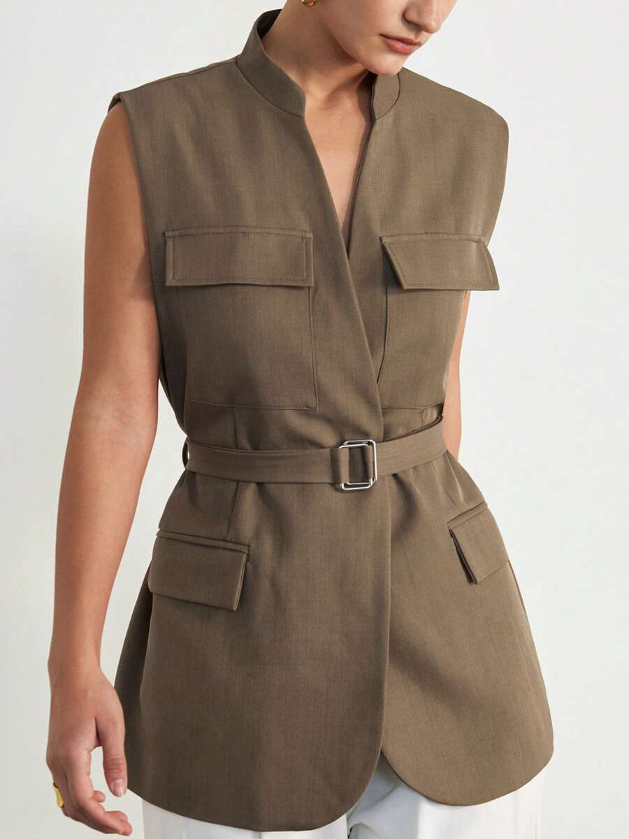 Aveloria Modichic Oversized Sleeveless Vest, Retro Vintage Style, Commuter Loose Fit, High-End Elegant Waist Cinched Blazer Vest, Women Top - Coffee Brown - View 1