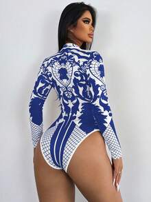 Women's Botanical Printed Stand Collar Bodysuit For New Year Clothes - Blue - View 2