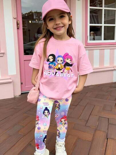 Spring, Summer & Autumn Young Girl' Casual Fashion Creative Personalized Refreshing Minimalist Cute Virtual Girl Group Cartoon Character Colorful Pentagram Star Moon Diamond Heart Gradient Print Short T-Shirt And Leggings Set, Comfortable Daily Wear Cozy Summer And Fall Styles