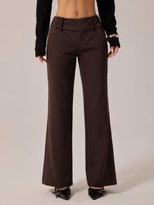 SHEIN PETITE 女士时尚休闲复古口袋喇叭裤,复古风,商务休闲女装,外出穿搭,返校季,巧克力色喇叭裤,休闲裤,复古裤,秋季 - 棕色 - 查看 10