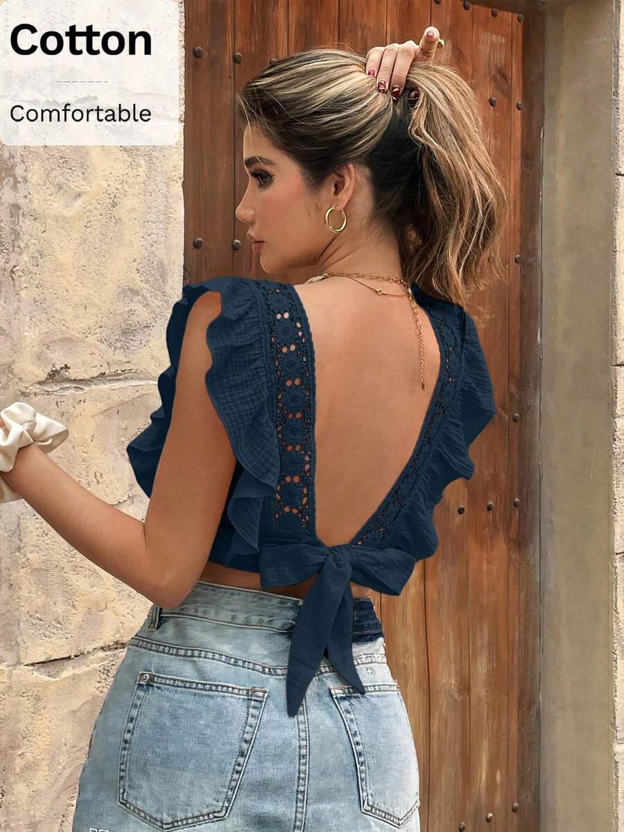SHEIN Frenchy Women's Casual Solid Color Patchwork Lace Ruffle Hem Cropped Shirt, Summer,Summer Top - Blue - View 1
