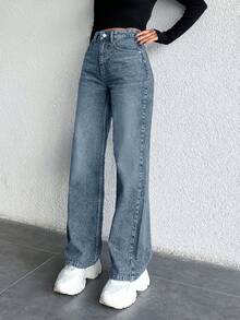 EURMUSE 100%Cotton Straight Slant Pocket Casual Washed Jeans - Baby Blue - View 4