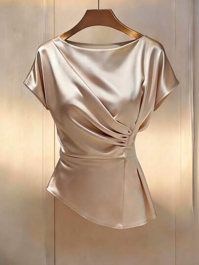 Franclia Women's Elegant Minimalist Raglan Sleeve Blouse, Round Neck Short Sleeve Shirt Suitable For Daily Commute