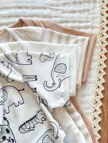 SHEIN Vintaside Kids 4pcs/Set Baby Boy/Girl Cute Knitted Elastic Striped Short Sleeve Rompers, Basic Bodysuits, Spring/Summer - Multicolor - View 7