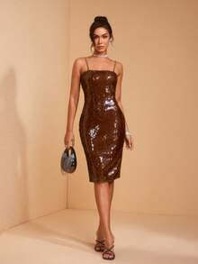 JIAN LASALA Solid Brown Sequin Spaghetti Strap Sleeveless Bodycon Women Midi Dress - Brown - View 1