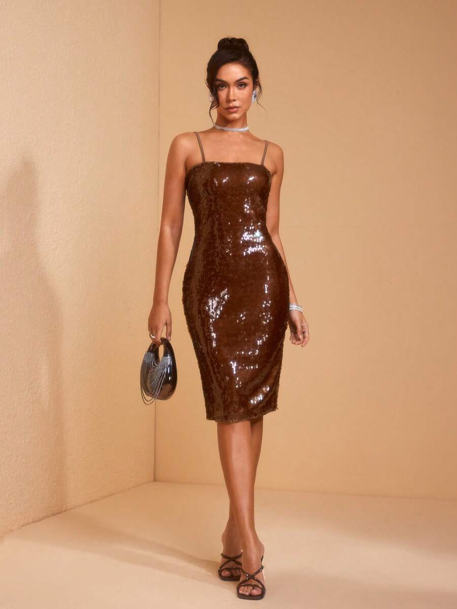 JIAN LASALA Solid Brown Sequin Spaghetti Strap Sleeveless Bodycon Women Midi Dress - Brown - View 1