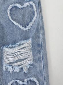 Baby Girls' Slant Waist Ripped Jeans, Tapered Pants, Little Diva's Casual Fashion Essential! Light Washed Denim Fabric, Elastic Waistband + Fake Chain Design, Paired With Exquisite Distressed Details, Tapered Silhouette Slims The Figure, Showcasing The Baby's Unique Fashion Sense. Perfect For Daily Outings, Birthday Parties, Weekend Trips, And More, Making The Baby The Center Of Attention. - Medium Wash - View 8