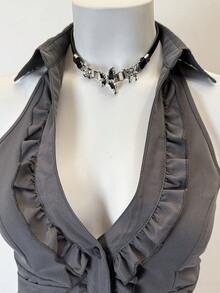 Jeanoix 女士性感深V修身办公室通勤极简系带露背衬衫 - 灰色 - 查看 4