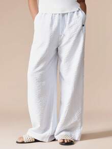 SUMWON Pantalones palazzo de pierna ancha con rayas verticales texturizadas para niñas preadolescentes, de talle alto, de verano, casuales, sueltos, con cordón en la cintura, para vacaciones - Celeste - Ver 3