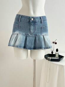 Elamini Y2K Women Low Waist Fashionable Washed Pleated Denim Mini Skirt - Light Wash - View 3