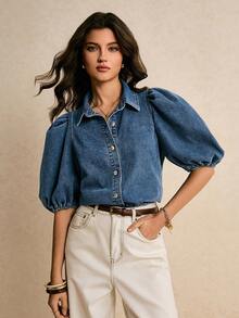 Poéselle Women's Short Puff Sleeve Single-Breasted Casual Denim Blouse - Medium Wash - View 1