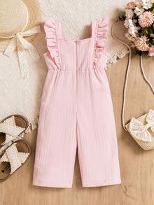 SHEIN Baby/Toddler Girl Casual Fashion Vacation Ruffle Sleeve Striped Woven Bowknot Front Pink Jumpsuit, New Spring/Summer - Pink - View 2