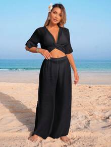Swim Vcay Solid Backless Tie Front Crop Top & Wide Leg Pants Vacation Beach Co-Ord Set Casual Two Piece Set Summer 2 Piece Sets Woman Women Two Piece Outfits Two Piece Set Women Vacation Beach 2 Piece Set - Black - View 6