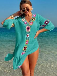 Swim Lushoire Women's V-Neck 3/4 Sleeve Crochet Floral Random Color Loose Side Slit Beach Cover Up Dress - Green - View 6
