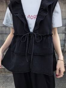 FRIFUL Women's Waist Tie Patchwork Ruffle Hem Denim Vest Jacket - Grey - View 1