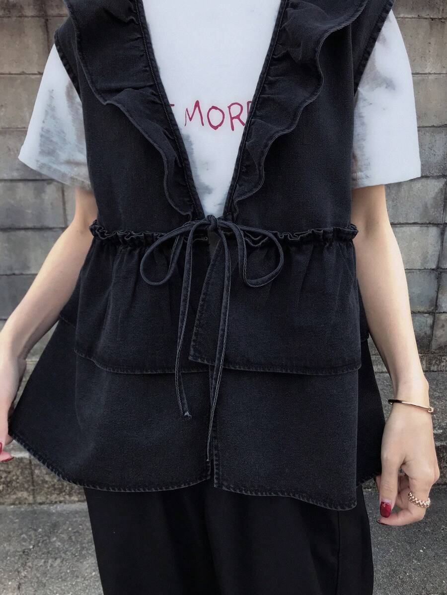 FRIFUL Women's Waist Tie Patchwork Ruffle Hem Denim Vest Jacket - Grey - View 1